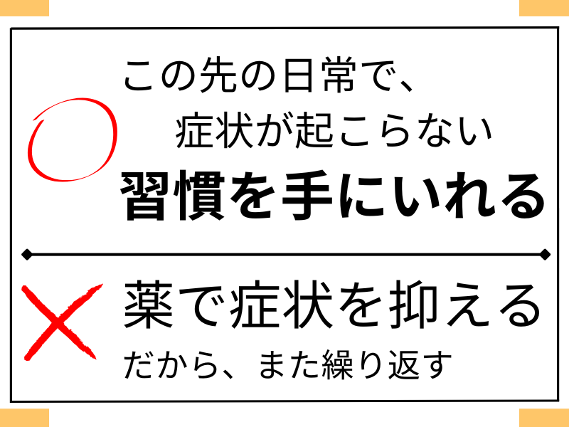 同じ症状が起こらない習慣を手に入れる
薬で症状を抑えていても、同じ症状を繰り返す