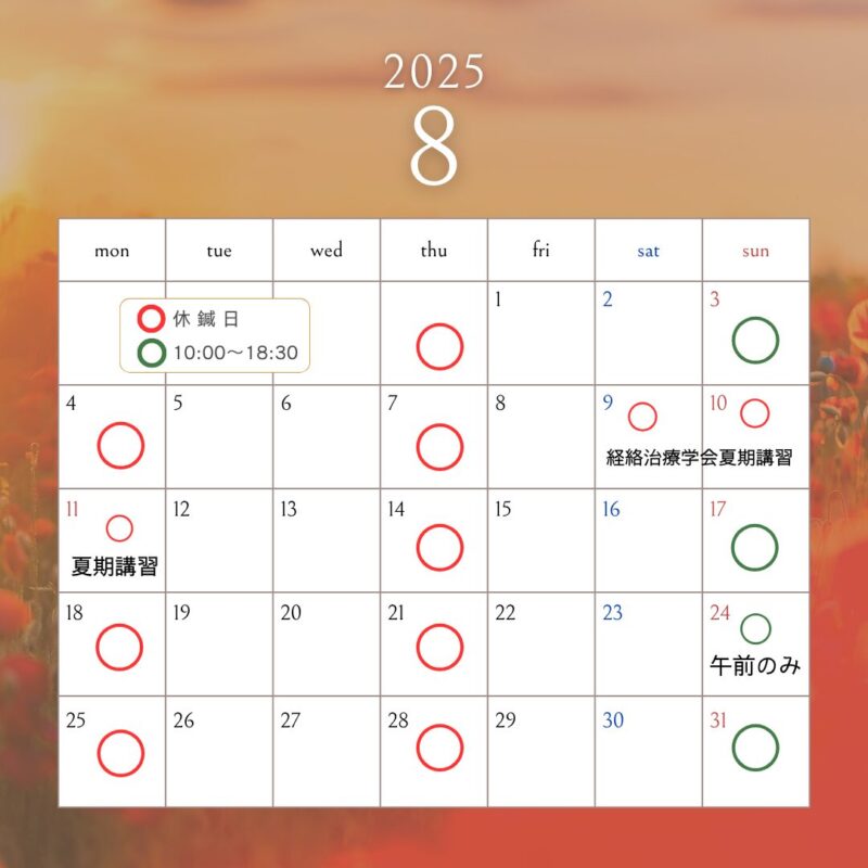 8月のカレンダー。9~11日、経絡治療夏季大学出席にのため休診。24日は午前のみ
