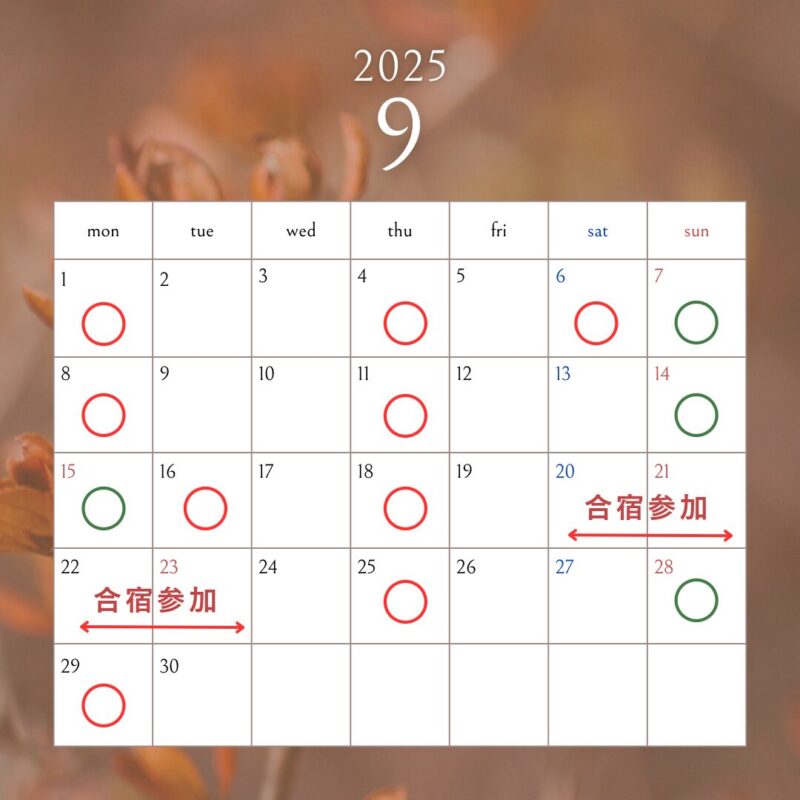 9月は6日及び、20～23の4日間、セミナー参加のため、休日をいただきます。