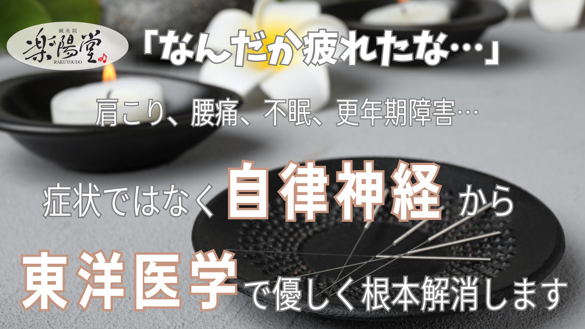 なんだか疲れたな…。かた。肩こり、腰痛、不眠、更年期障害…。症状ではなく、自律神経から東洋医学で優しく根本解消します。