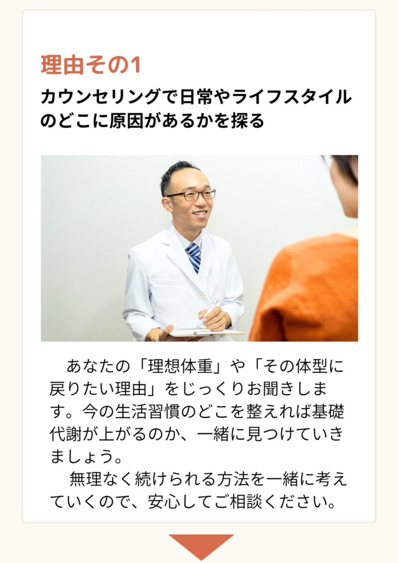 理由その1
カウンセリングで日常やライフスタイルのどこに原因があるかを探る
あなたの「理想体重」や「その体型に戻りたい理由」をじっくりお聞きします。
 今の生活習慣のどこを整えれば基礎代謝が上がるのか、一緒に見つけていきましょう。
 無理なく続けられる方法を一緒に考えていくので、安心してご相談くださいね。