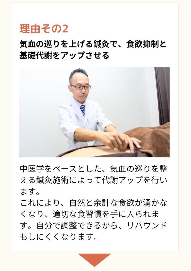 理由その2
中医学をベースとした、気血の巡りを整える鍼灸施術によって代謝アップを行います。
これにより、自然と余計な食欲が湧かなくなり、適切な食習慣を手に入られます。自分で調整できるから、リバウンドもしにくくなります。