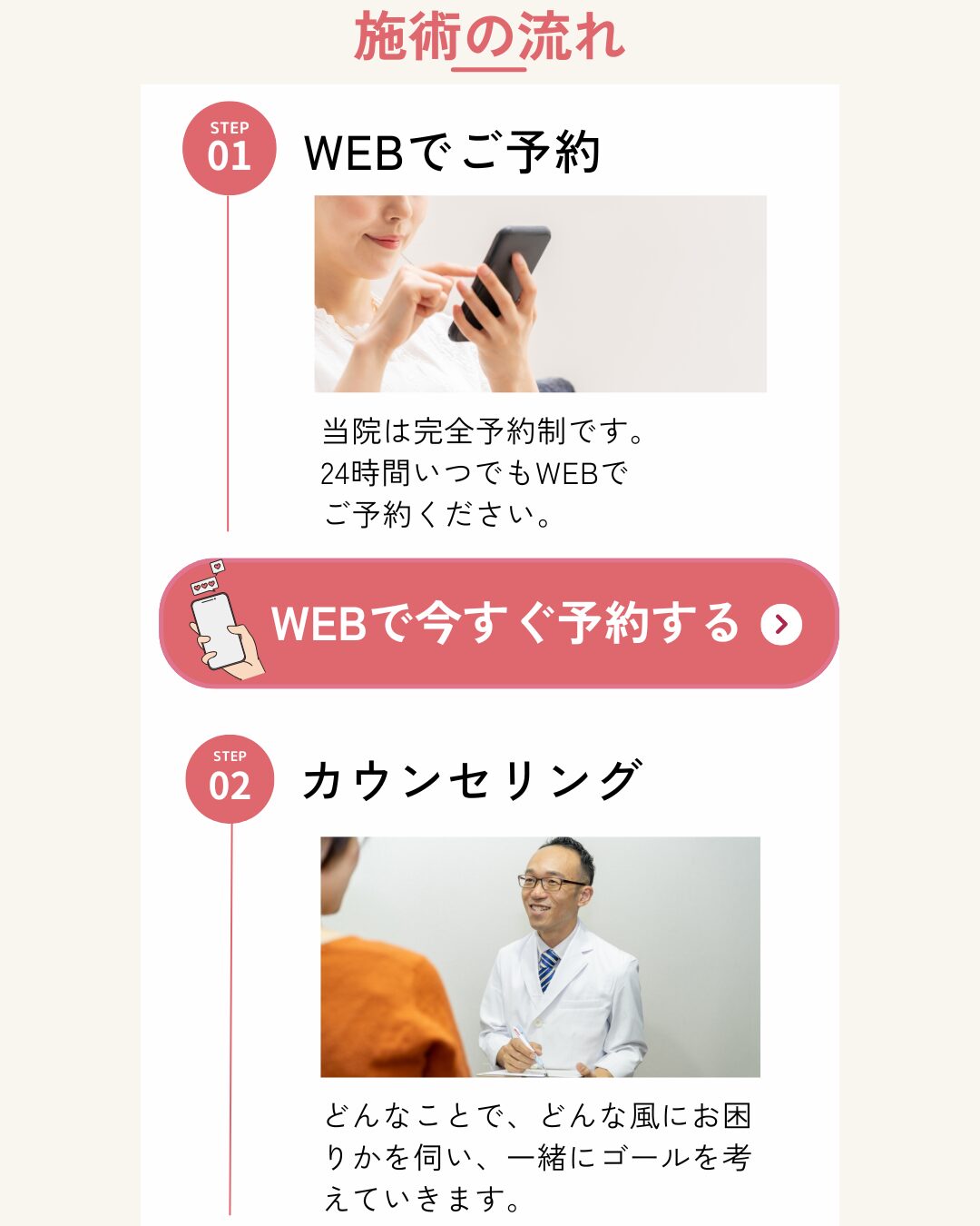 施術の流れ WEBでご予約 当院は完全予約制です。 24時間いつでもWEBで ご予約ください。 カウンセリング どんなことで、どんな風にお困りかを伺い、一緒にゴールを考えていきます。