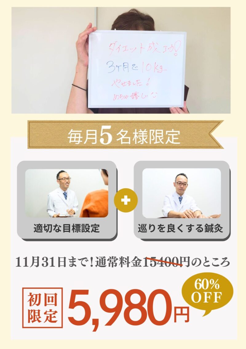 毎月5名様限定。ダイエットプログラム初回限定15400円⇒5980円。ご予約は今スグここをクリック