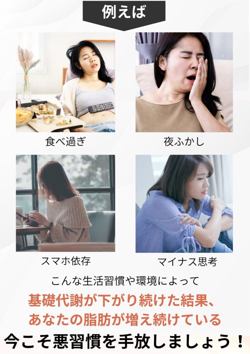 例えば、食べ過ぎ、夜ふかし、スマホ依存、マイナス思考
こんな生活習慣や環境によって基礎代謝が下がり続けた結果、
あなたの脂肪が増え続けている
今こそ悪習慣を手放しましょう！