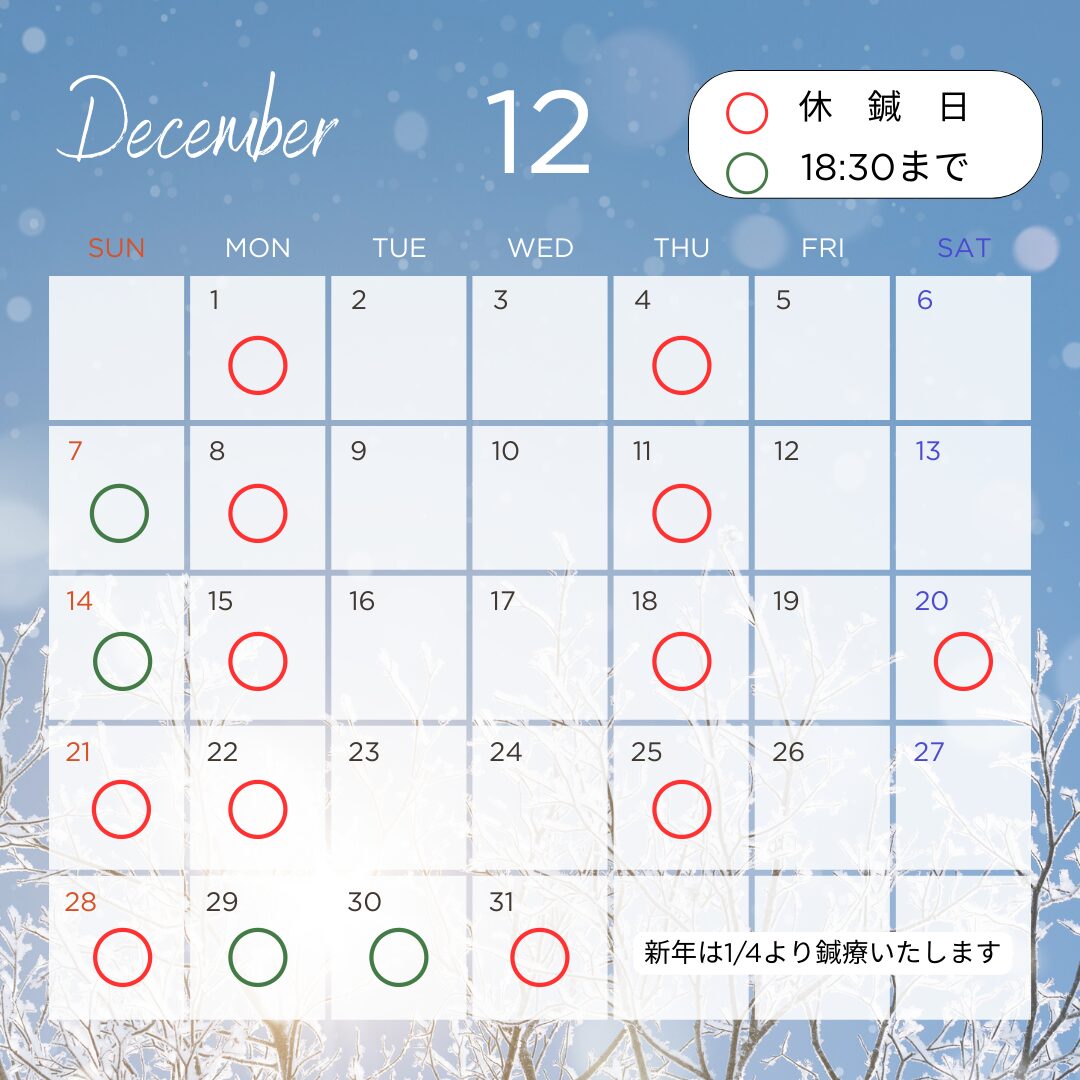 12月は20.28日はセミナー出席のため休鍼