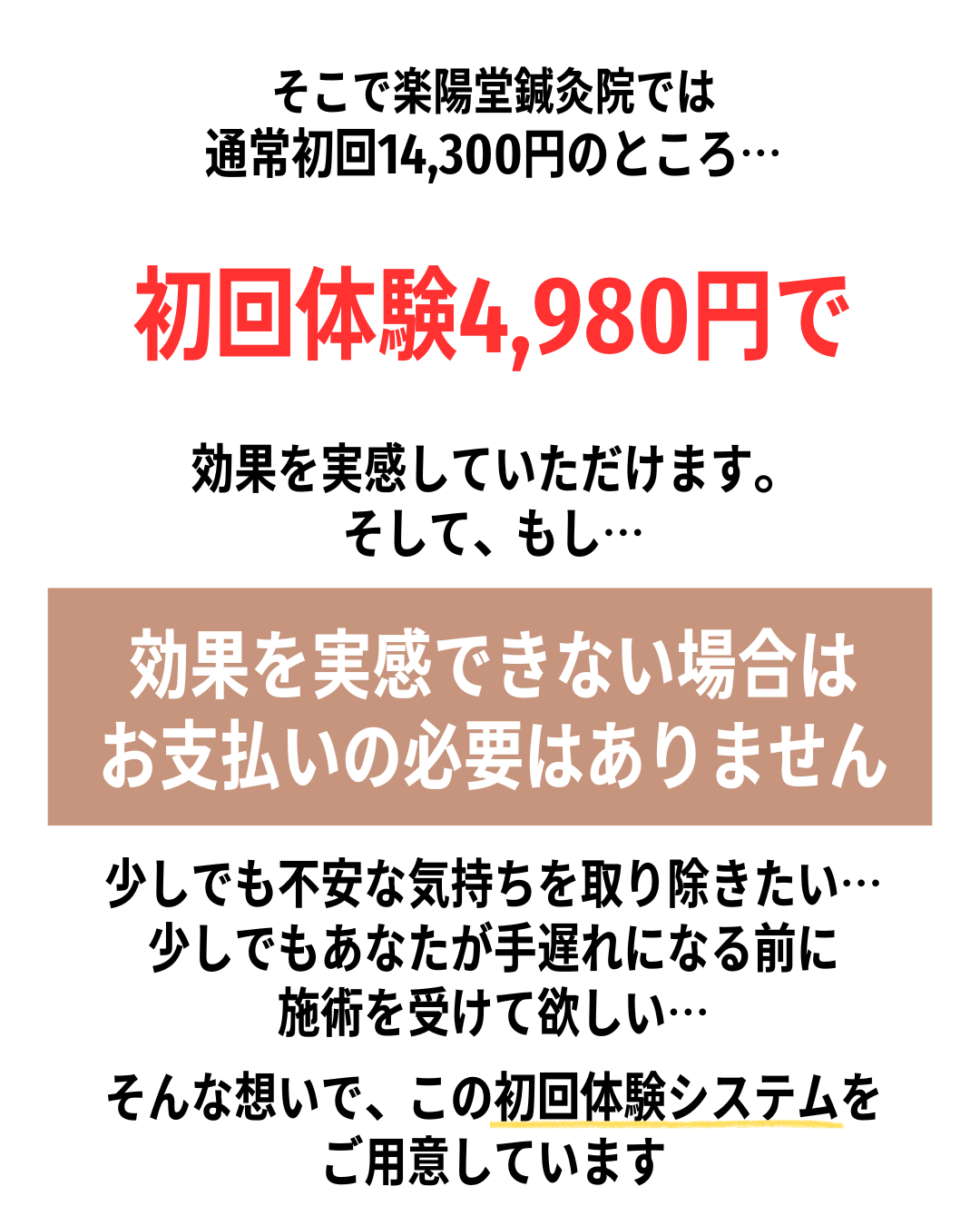 そこで楽陽堂鍼灸院では
通常初回14,300円のところ…

初回体験4,980円で

効果を実感していただけます。
そして、もし…

効果を実感できない場合は
お支払いの必要はありません

少しでも不安な気持ちを取り除きたい…
少しでもあなたが手遅れになる前に
施術を受けて欲しい…

そんな想いで、この初回体験システムを
ご用意しています