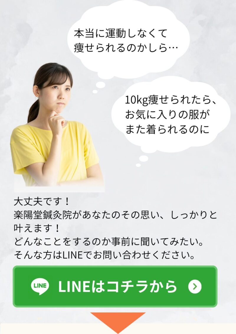 本当に運動しなくて 痩せられるのかしら… 10kg痩せられたら、 お気に入りの服が また着られるのに 大丈夫です！ 楽陽堂鍼灸院があなたのその思い、しっかりと叶えます