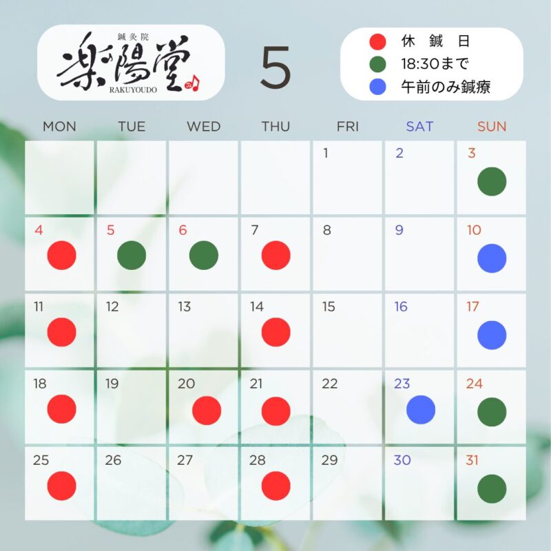 定休日は月曜・木曜 5月は20日が臨時休鍼 第二・第三日曜と、第四土曜は午前中のみ鍼療