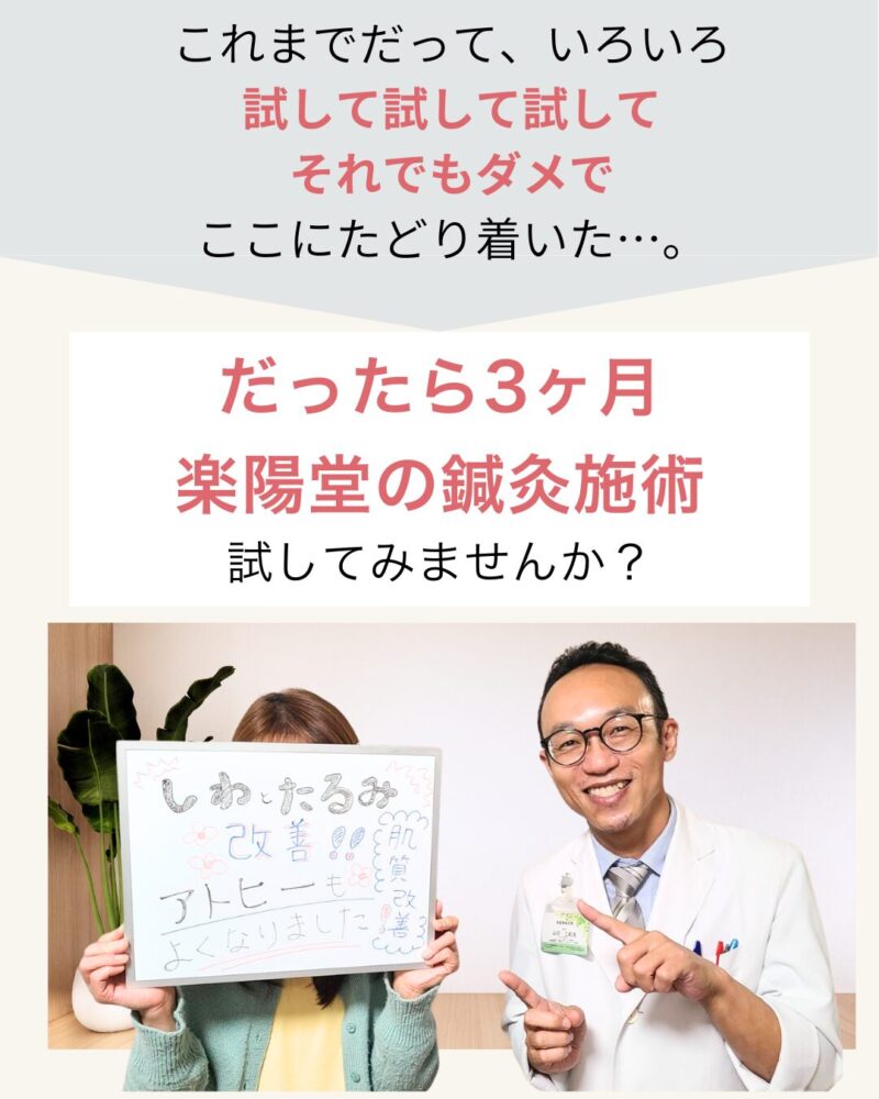 これまでだって、いろいろ
試して試して試して
それでもダメで
ここにたどり着いた…。
だったら3ヶ月
楽陽堂の鍼灸施術
試してみませんか?