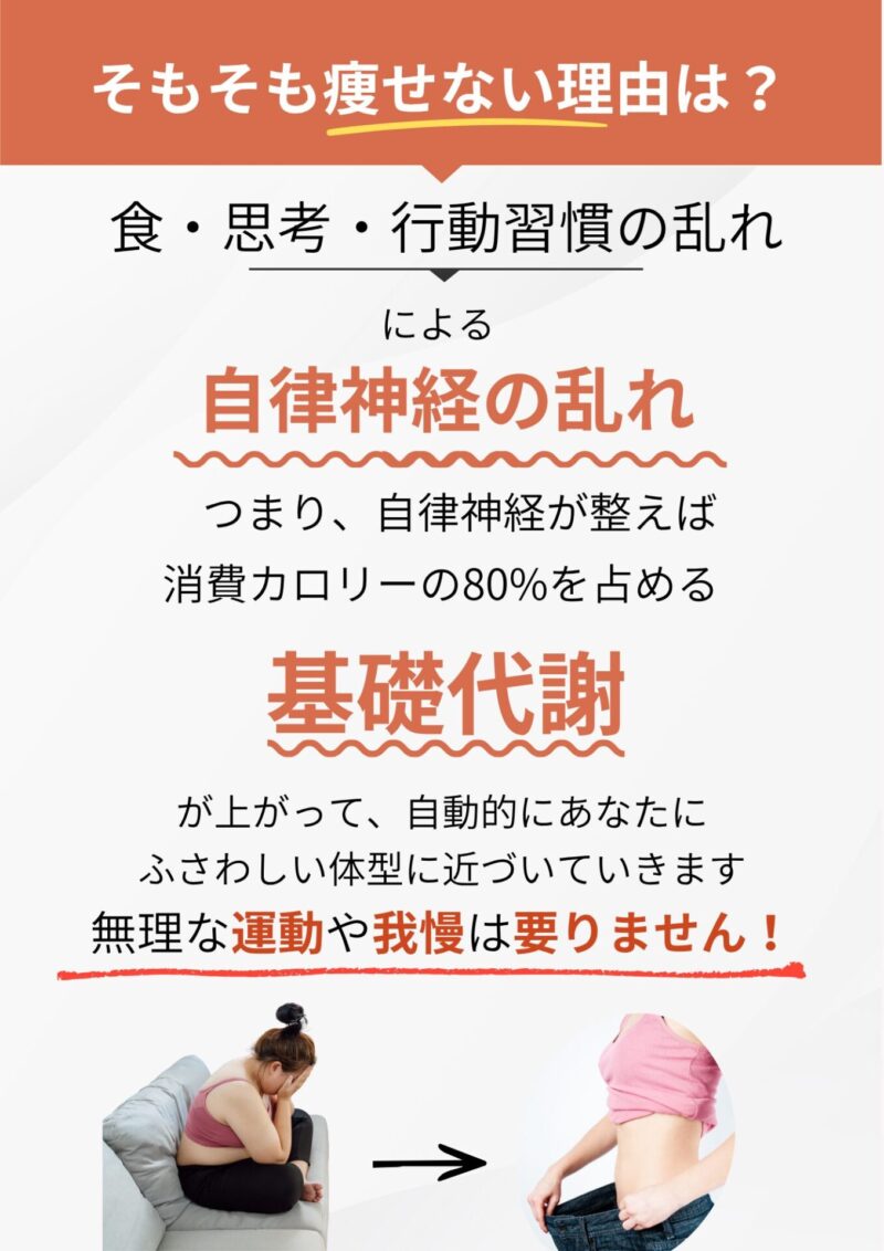 食・思考・行動習慣の乱れによる自律神経の乱れが本当の原因
自律神経を整えて基礎代謝をが上がれば、自動的にあなたに
ふさわしい体型に近づいていきます
無理な運動や我慢は要りません！