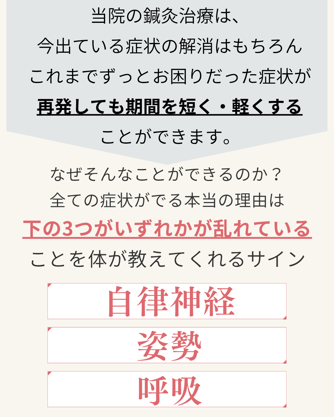 当院の鍼灸治療は、
今出ている症状の解消はもちろん
これまでずっとお困りだった症状が
再発しても期間を短く・軽くする
ことができます。
なぜそんなことができるのか？
全ての症状がでる本当の理由は
下の3つがいずれかが乱れている
ことを体が教えてくれるサイン
自律神経・姿勢・呼吸