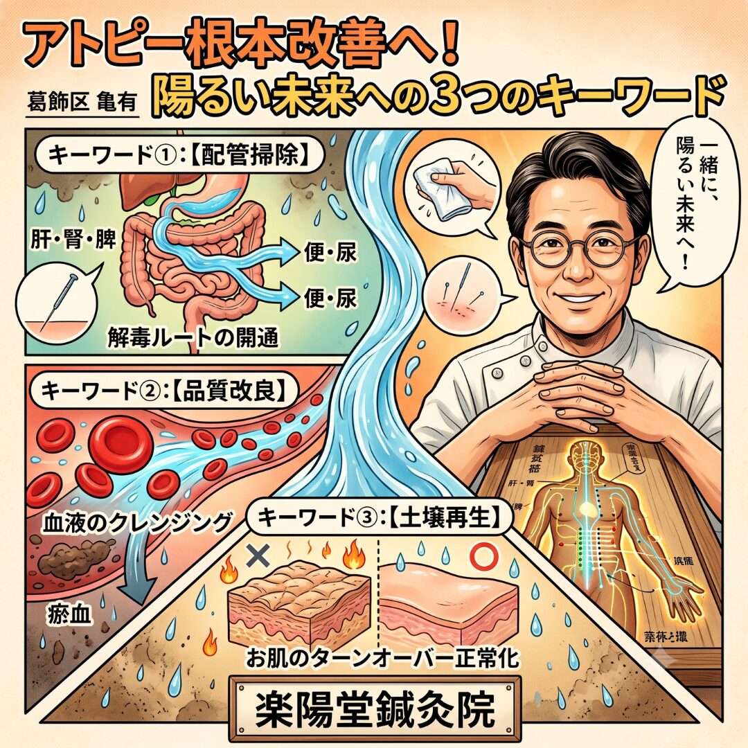 前回のブログでは、アトピーの激しい痒みや炎症が、決してあなたを攻撃しているのではなく、「これ以上内臓を壊さないために皮膚が身代わりになってくれている防衛反応」なのだという、体の健気なメッセージについてお話ししました。 前回のブログはこちら⬇⬇⬇ 【知って得する】東洋医学で考える『アトピーのメカニズム』 「理由は分かったけれど、じゃあ具体的にどうすればいいの？」 「病院も、薬も、運動も……良くなりそうなことは全部試したのに」 今、葛飾区亀有の周辺でも、そんな健康不安を抱えながら、薬も効かなくなって途方に暮れている方も少なくないはずです。 はじめましての方には、ごあいさつを。 私は葛飾区亀有で、東洋医学で心と体の痛みを解消している、楽陽堂鍼灸院の院長、山口ミキオといいます。 あちこち通っては裏切られ、「もう打つ手がないんじゃないか」と一人で悩むのは、本当に辛かったですよね。 でも、どうか諦めないでください。 楽陽堂鍼灸院は、そんな風に行き場をなくして困っている人たちに手を差し伸べ、もう一度心から笑って、楽しく陽（あか）るい人生を送れるようにお手伝いをする場所です。 あなたの体が今まで変わらなかったのは、治る力が残っていないからではなく、ただアプローチの方向が違っていただけ。 そこで今回は前回の内容からさらに一歩踏み込んで、あなたが薬に振り回される毎日を卒業し、陽るい未来へ踏み出すためのロードマップ――アトピー根本改善を叶える『3つ』のキーワードをお届けします。 あなたの体の内側を変えるためのヒントが、ここにあります。 院長山口 絶望しなくて大丈夫ですよ。あなたが良くなる道は、必ずあります。東洋医学でお手伝いしますので、お気軽にお問い合わせください。 キーワード①：【配管掃除（デトックスルートの開通）】 前回のブログで、体内のゴミ（熱や毒素）が溢れて床（皮膚）が水浸しになっている状態とお伝えしました。 だとしたら、床を拭く（ステロイドを塗る）よりもやるべきことは、詰まった排水溝の掃除ですよね。 当院で行うのは、まさにこの「体内の配管掃除」です。 ストレスや寝不足、日々の生活習慣などで働きが弱ってしまった「肝（解毒）・腎（排出）・脾（消化）」を鍼灸で優しく刺激し、本来の主たる出口である「便・尿」へのルートを通していきます。 体内の渋滞が解消され、スムーズにゴミが流せるようになれば、皮膚という「緊急排出口」から無理やり熱や瘀血（ドロドロの血）を吹き出させる必要はなくなっていくのです。 また、ステロイドを塗り続けていると、深部に留まった熱が皮膚を焼いて「汗腺の開閉」ができない状態を生み出します。 さらに、内熱で常に皮膚を焼き続けるため、肌は黒くなり、まるで「焦げ」のように厚みを増していくことになるのです。 「アトピーになってから、うまく汗をかけなくなった…」 「肌が黒くなり、ゴワゴワと厚くなってしまった」 という方が多いのは、このためです。 院長山口 ステロイドで治療を続ける限り、かゆみは取れますが。肌へ大ダメージを与え続けます。結果が、肌が黒くなり厚くなる。特に女性にとっては苦しいことだと思います。 当院の施術で内側の配管が掃除され、この溜まった毒や内熱がなくなっていくと、汗腺がパッと開き、再びサラサラとした良い汗がかけるようになります。 結果として、内側からの熱がこもらなくなり、皮膚はどんどんキレイになって、本来の柔軟性を取り戻していけるのです。 キーワード②：【品質改良（血液のクレンジング）】 どれだけ配管を掃除しても、次から次へと流れてくる水がドロドロのままでは、いずれまた詰まってしまいます。 そこで必要になるのが、「血液の品質改良」です。 アトピーの眠れないほどの激しい炎症。それを体の内側から燃え上がらせている本当の原因は、血中に混ざった毒素（瘀血：おけつ）と、過剰にこもった「熱」でした。 当院の鍼灸施術は、全身の「気・血・水」のエネルギーを正しく循環させることで、内臓の働きを高め、日々の食事から「質のよいきれいな血液」を作れる体へと変えていきます。 新しく作られたきれいな血液が巡り始めると、熱や毒素を含んだ瘀血（おけつ）が便や尿からスムーズに排出され、体内が清らかな状態へとクレンジングされていくのです。 栄養と新鮮な酸素が行き届いた血液が全身を巡り始めると、肌肉（皮膚の下の組織）でくすぶっていた熱がスーッと引いていき、あのしつこい激しい痒みも嘘のように落ち着きを見せ始めます。 ということは、アトピーを軽くしたいなら飲食物が極めて重要になってきます。 院長山口 出ていく量より入ってくる量が多ければ溢れてしまう。自然の摂理ですから、まずは入れる量を少なくすることこそ、アトピー解消の第一歩です。 しかし、体質によって「食べたほうがいいもの」「避けるべきもの」の方向性は、一人ひとり全く異なります。 ネットにあふれる一般的な情報を鵜呑みにして自己判断で実践した結果、かえって症状を悪化させて当院に駆け込まれる患者様も少なくありません。 あなたの今の体質に本当に合った正しい食養生を知るために、まずは東洋医学のプロである鍼灸師に安心してお任せください。 キーワード③：【土壌再生（お肌のターンオーバー正常化）】 内側のゴミが抜け、キレイな血液が巡るようになると、最終段階である「土壌再生」が始まります。 これまでは、入ってくる毒素の処理と緊急排出（アトピーの炎症）に手一杯で、お肌のリフォーム（ターンオーバー）にまで体が人手を回せなくなっていました。その結果、ステロイドの影響も重なり、皮膚が黒く、ゴワゴワと厚くなってしまっていたのです。 内臓が元気を取り戻し、体内に余裕が生まれると、体は一斉にお肌の修復へと動き出します。 古い角質が正しく剥がれ落ち、内側からみずみずしく柔らかい、本来の健やかな肌が再生されていきます。 鏡を見るのが憂鬱だった毎日が、「あれ、肌が変わってきたかも！」という毎朝の喜びに変わる瞬間です。 そのために毎日気を付けることは、たったの二つ。 ①体内の毒を出す ②体内に毒を入れない 入ってくる毒の量より出ていく量が多ければ、どれだけしつこく重たいアトピーでも、必ずよい方向へ向かいます。 そして、2週に一度の鍼灸で毒の出し方を忘れてしまった体に、正しい出し方を思い出させてあげましょう。 覚悟を決めた3ヶ月が、これからの人生を「陽るいもの」に変える いかがでしたでしょうか。思ったよりもシンプルだと思ったかもしれません。 実際、楽陽堂鍼灸院のアトピー患者さんたちは、みんな3ヶ月～数か月かけてじっくりとよくなっています。 ですから、正直にお伝えします。 何度も書いてきた通り、アトピーは長年、あなたが体の奥深くに溜め込んできた熱や毒素ですから、これらを一朝一夕で全て流し去ることは不可能です。 そして、体質を根本からひっくり返すには、それなりのステップが必要です。 そこで私は、あなたに提案します。 3ヶ月、私にその体を預けてみませんか？ どんなことでも同じですが、目先のトラブルだけを取り繕っても、土台が腐っていては未来は破綻します。 あなたの体も全く同じ。自分の体に合わせた生活習慣や鍼灸で、土台から作り直すことこそが、最も確実で、最も劇的に人生を変える最短ルートなのです。 葛飾区亀有のこの場所で、私はあなたの頑張ってきた体を労り、本来の解毒力を引き出す全力のサポートをします。 「あの時、勇気を出して一歩を踏み出して本当に よかった」 そう言って、毎日を楽しんでいる。そんな陽るい未来のあなたに出会うために。楽陽堂鍼灸院はあります。 一人で悩む時間はもう終わりです。 まずはあなたの体の声を、聞かせてくださいね。 院長山口 私はあなたを、待ってます。あなたの毎日を楽しく陽（あか）るい未来にするためのお手伝いをさせてください！