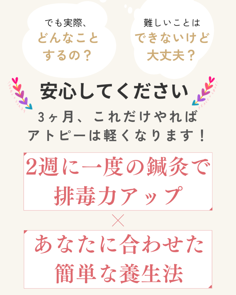 実際、どんなことするの？ 難しいことはできないけど、大丈夫？ 安心してください。 3ヶ月、これだけやれば アトピーは軽くなります！ 2週に一度の鍼灸 あなたに合わせた簡単な養生法